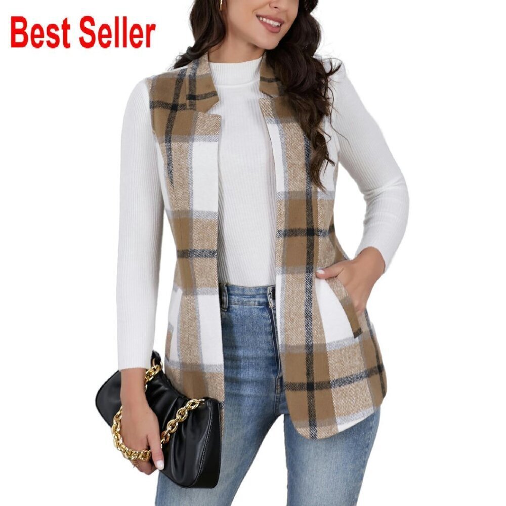 Wool Plaid Vest Sleeveless Blazer Chic Office Wear Classic Preppy Style